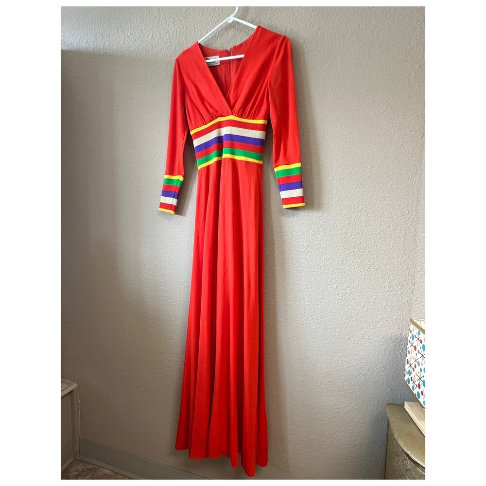 Vintage 1960s Eve Le Coq long orange rainbow disco dress size M - Picture 2 of 6